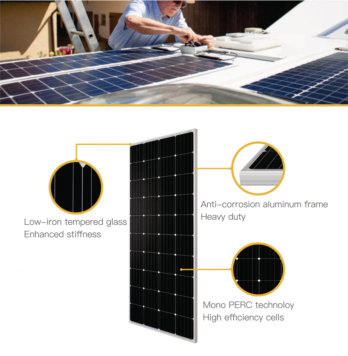 200 Watt Solar Panel | High Efficiency 12V Monocrystalline (20% Efficiency) | 25-Year Power Output Warranty